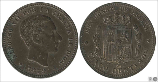 España - 1879 - Alfonso XII - Nº 00019 - Cara y Cruz - EBC- / EBC - 5 centimos 1879 OM Cu