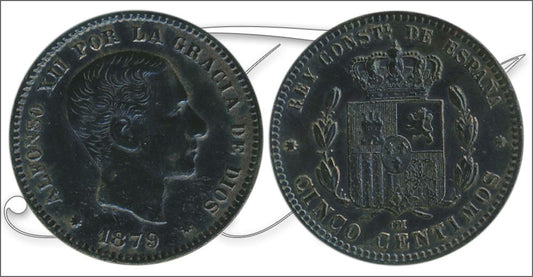 España - 1879 - Alfonso XII - Nº 00019 - Excelente conservacion menos - EBC- / XF- - 5 centimos 1879 OM Cu