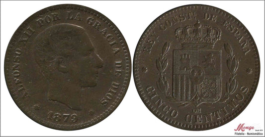 España - 1879 - Alfonso XII - Nº 00019 - MBC+ / VF+ - 5 Centimos año 1879 OM Cu