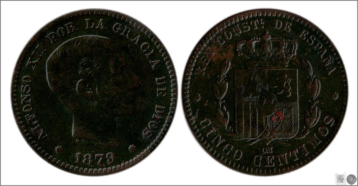 España - 1879 - Alfonso XII - Nº 00019 - Muy Buena conservación mas - MBC+ / VF+ - 5 Centimos año 1879 OM Cu