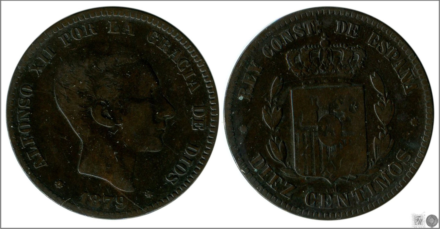 España - 1879 - Alfonso XII - Nº 00026 - Buena conservación - BC / F - 10 centimos 1879 OM Cu