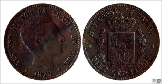 España - 1879 - Alfonso XII - Nº 00026 - Excelente conservacion - EBC / XF - 10 centimos 1879 OM Cu