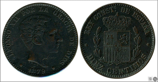 España - 1879 - Alfonso XII - Nº 00026 - Excelente conservacion menos - EBC- / XF- - 10 centimos 1879 OM Cu