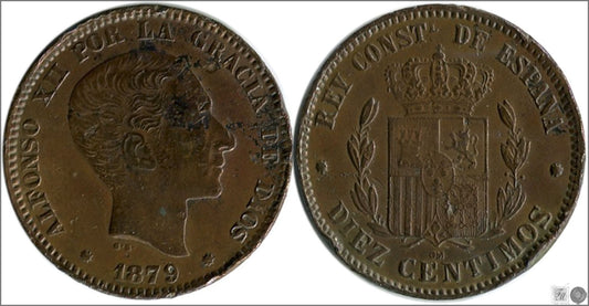 España - 1879 - Alfonso XII - Nº 00026 - Muy Buena conservación mas - MBC+ / VF+ - 10 centimos 1879 OM Cu / Golpes en canto