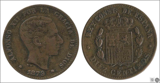 España - 1879 - Alfonso XII - Nº 00026F - Muy Buena conservación - MBC / VF - 10 centimos 1879 MO Cu / Falsa de epoca no coincid