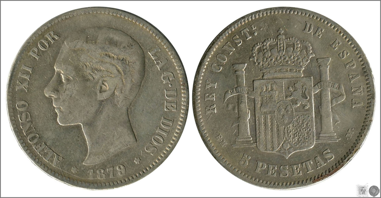 España - 1879 - Alfonso XII - Nº 00131 - BC / F - 5 pesetas 1879 (*79) EMM - 24,55 gr. plata