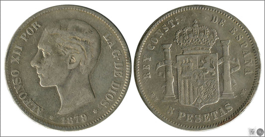 España - 1879 - Alfonso XII - Nº 00131 - BC / F - 5 pesetas 1879 (*79) EMM - 24,55 gr. plata