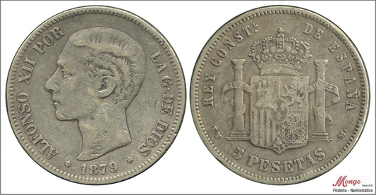 España - 1879 - Alfonso XII - Nº 00131 - BC- / F- - 5 pesetas 1879 EMM - 25 gr. plata foto generica