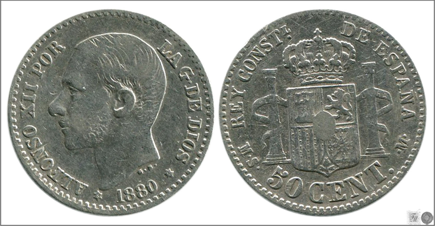 España - 1880 - Alfonso XII - Nº 00037 - BC+ / F+ - 50 centimos 1880 (*0) MSM Ag