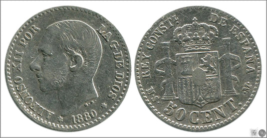 España - 1880 - Alfonso XII - Nº 00037 - BC+ / F+ - 50 centimos 1880 (*0) MSM Ag