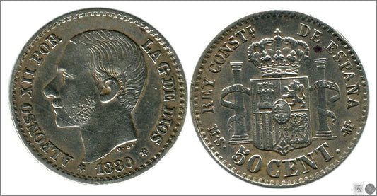 España - 1880 - Alfonso XII - Nº 00037 - Cara y Cruz - EBC / EBC- - 50 centimos 1880 (*80) MSM Ag