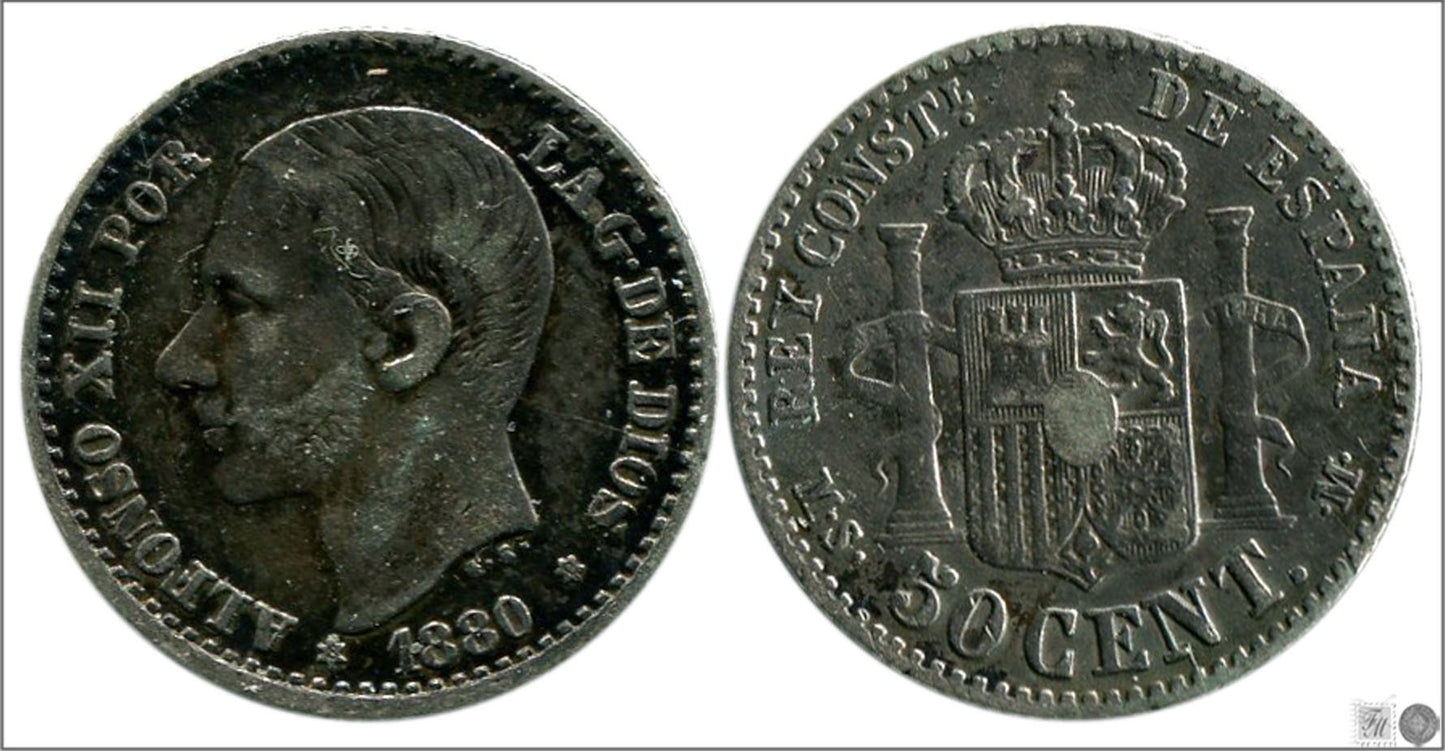 España - 1880 - Alfonso XII - Nº 00037 - MBC+ / VF+ - 50 centimos 1880 (*80) MSM Ag