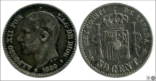 España - 1880 - Alfonso XII - Nº 00037 - MBC+ / VF+ - 50 centimos 1880 (*80) MSM Ag