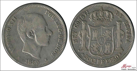 España - 1880 - Alfonso XII - Nº 00103 - MBC / VF - 50 centavos de peso 1880 Manila Ag.