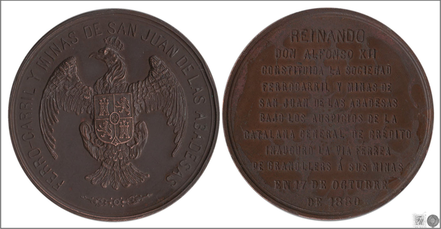 España - 1880 - Medalla - Nº N-1880-01 - MBC / VF - Inaguración Ferrocarril Granollers a minas de San Juan de las Abadesas.1880