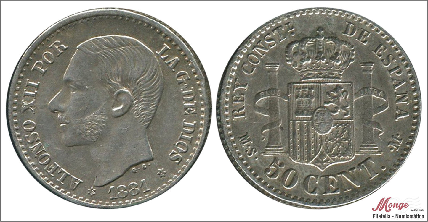 España - 1881 - Alfonso XII - Nº 00038 - EBC+ / XF+ - 50 centimos 1881 (*81) MSM Ag