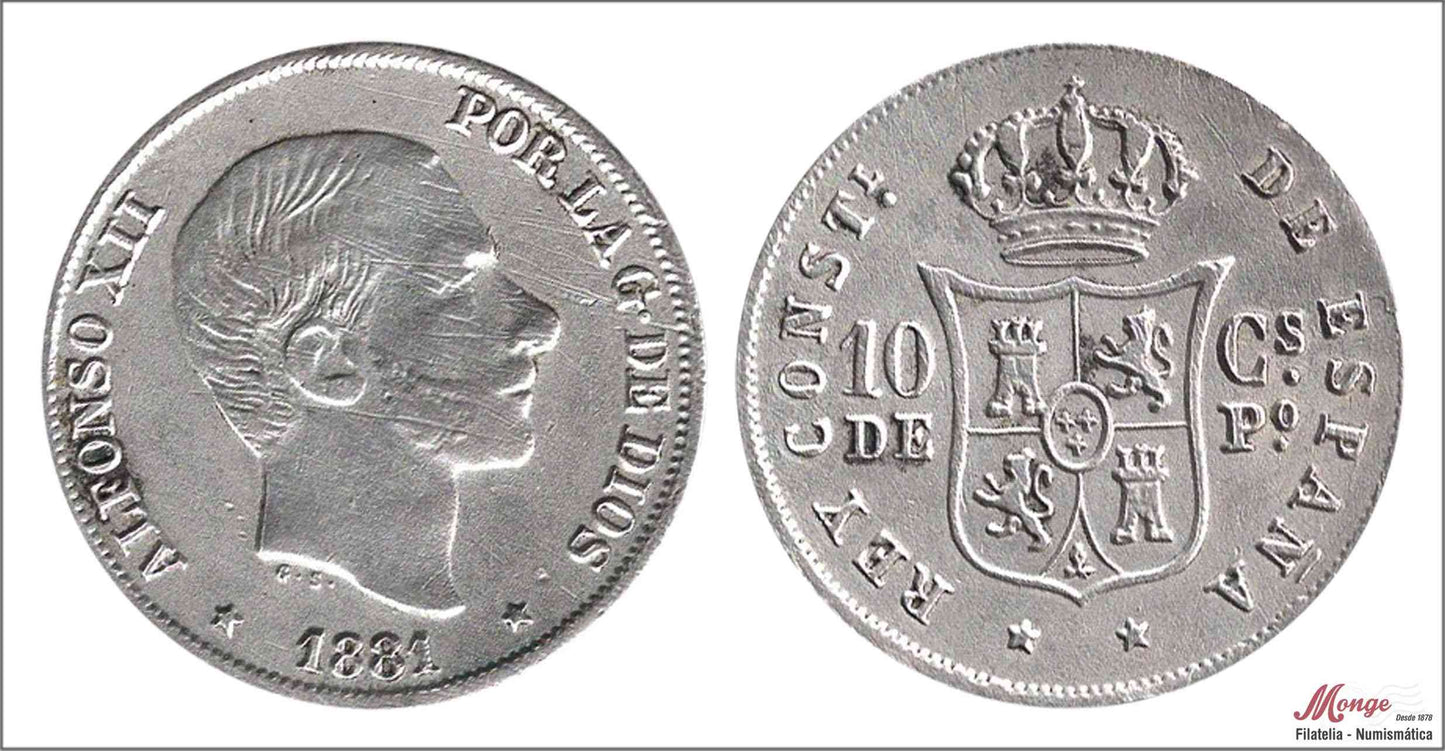 España - 1881 - Alfonso XII - Nº 00050 - MBC- / MBC - 10 centavos de peso 1881 Manila Ag.