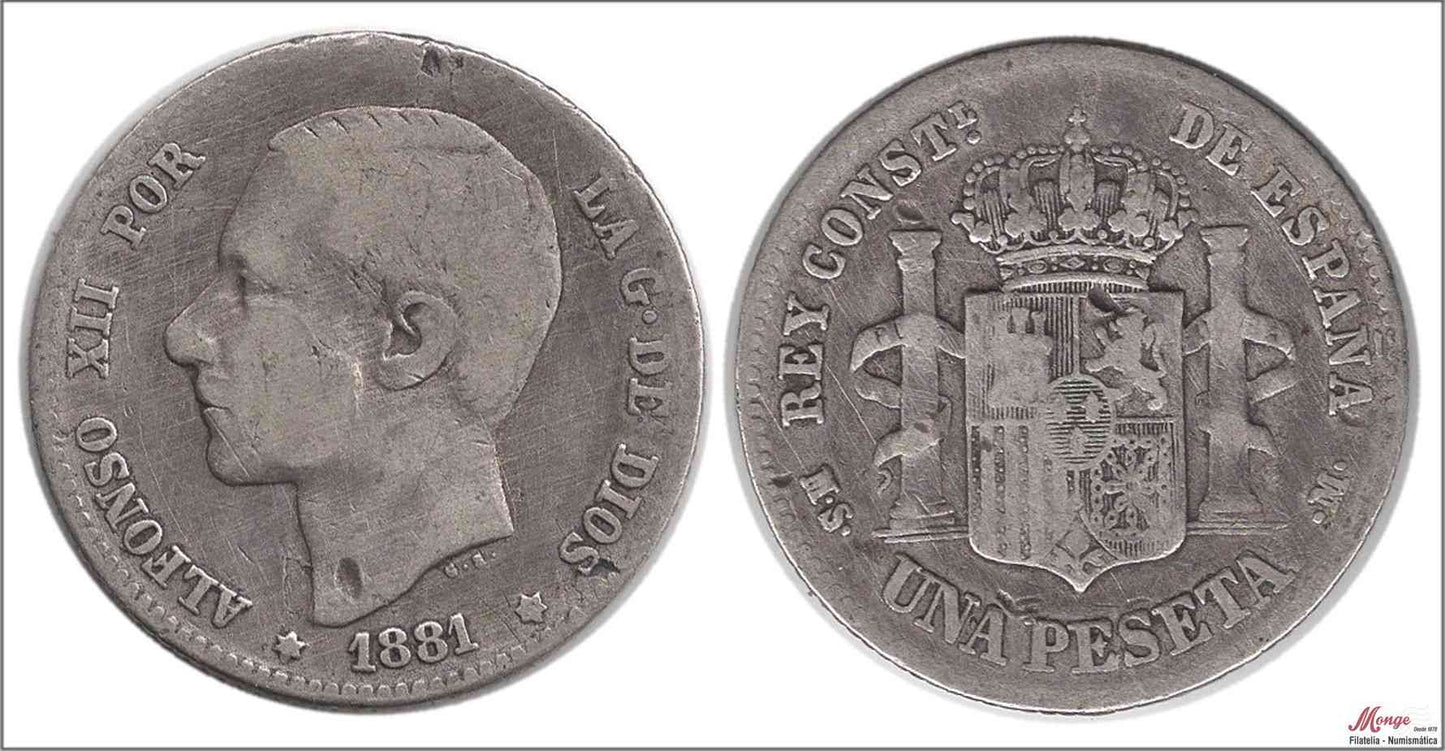 España - 1881 - Alfonso XII - Nº 00061 - BC- / F- - 1 peseta 1881(*1) MSM Ag