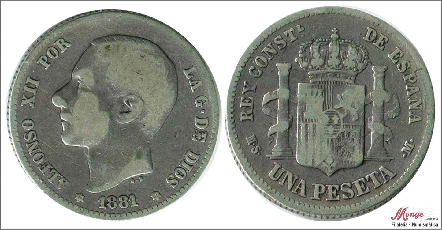 España - 1881 - Alfonso XII - Nº 00061 - BC- / F- - 1 peseta 1881(*18*81) MSM Ag