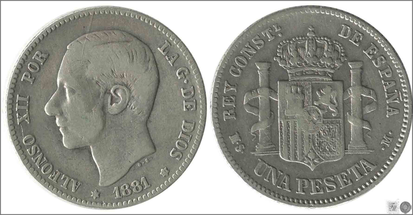 España - 1881 - Alfonso XII - Nº 00061 - MBC- / BC+ - 1 peseta 1881 (*1*81) MSM Ag