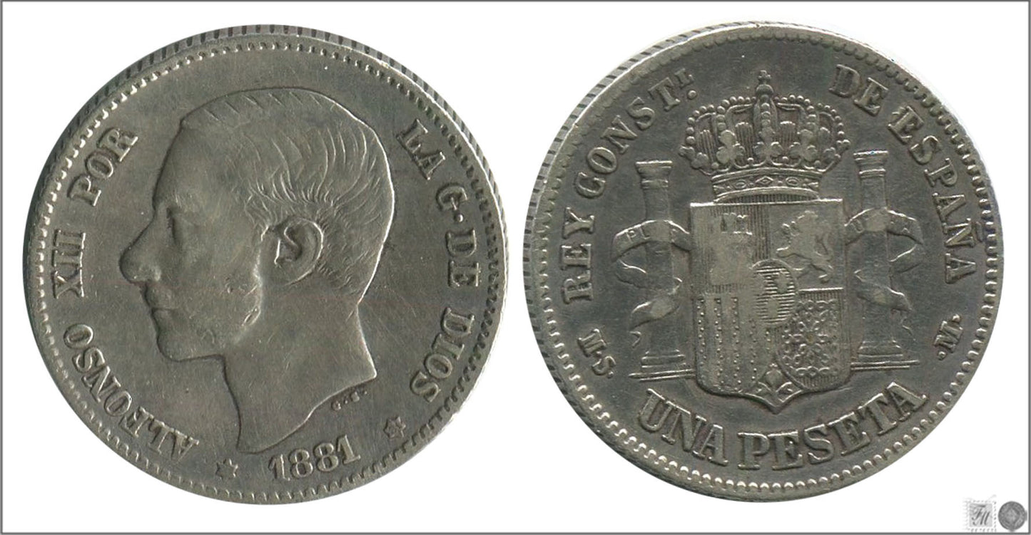 España - 1881 - Alfonso XII - Nº 00061 - MBC - / VF- - 1 peseta 1881 (*81) MSM Ag