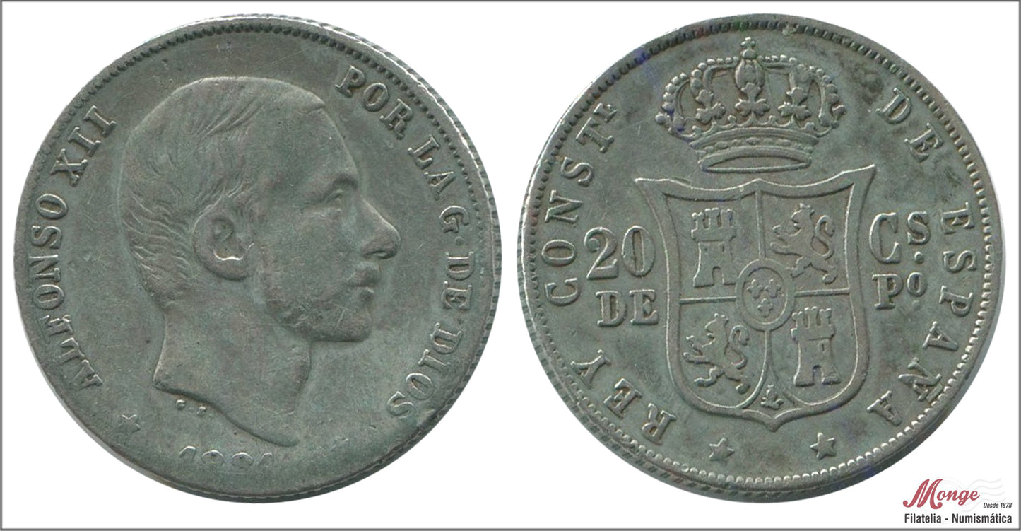 España - 1881 - Alfonso XII - Nº 00080 - MBC- / MBC - 20 centavos de peso 1881 Manila Ag