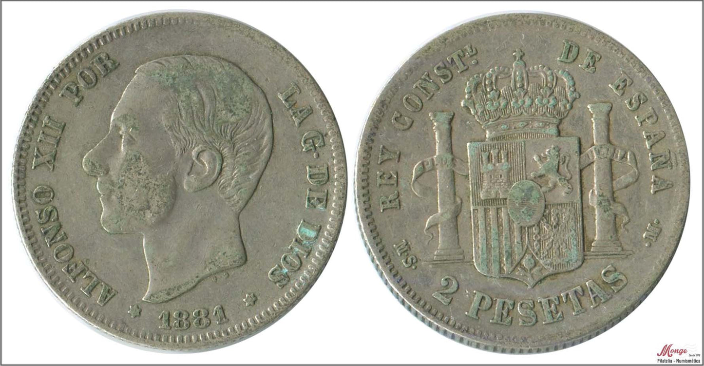 España - 1881 - Alfonso XII - Nº 00092 - BC- / F- - 2 pesetas 1881 (*1) MSM Ag