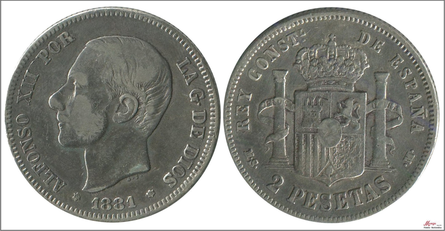 España - 1881 - Alfonso XII - Nº 00092 - MBC / VF - 2 pesetas 1881 (*81) MSM Ag