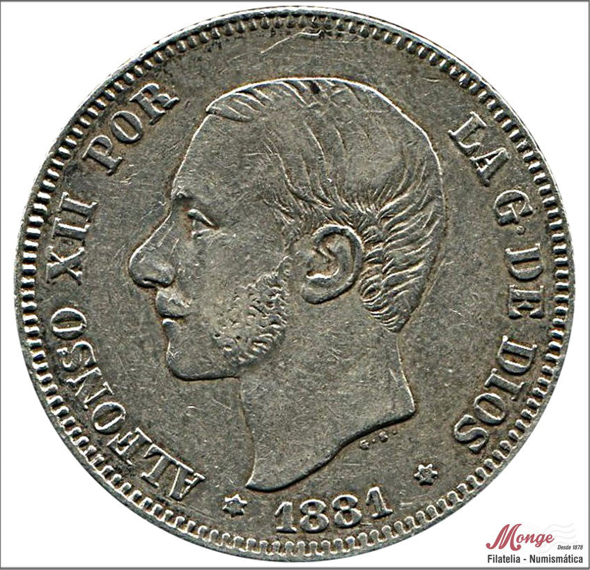 España - 1881 - Alfonso XII - Nº 00092a - MBC+ / VF+ - 2 pesetas 1881 (*81*18) MSM Ag - Variante estrellas flojas