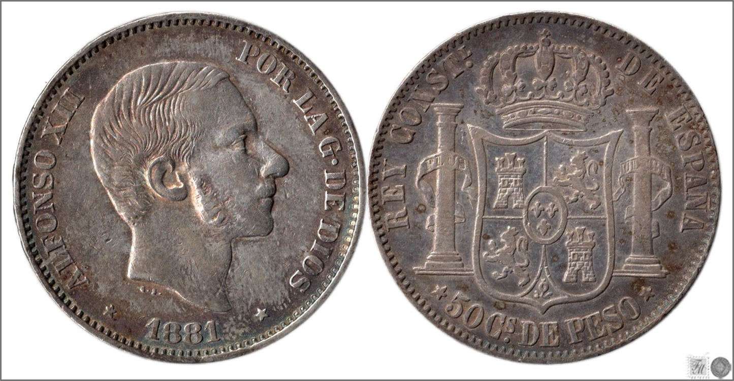 España - 1881 - Alfonso XII - Nº 00104 - Cara y Cruz - MBC+ / EBC - 50 centavos de peso 1881 Manila Ag. / Patina Original