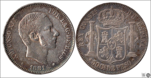 España - 1881 - Alfonso XII - Nº 00104 - Cara y Cruz - MBC+ / EBC - 50 centavos de peso 1881 Manila Ag. / Patina Original