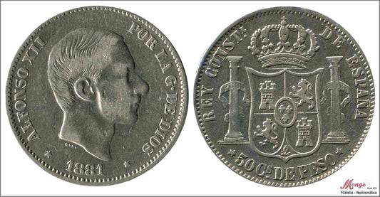 España - 1881 - Alfonso XII - Nº 00104 - MBC / EBC- - 50 centavos de peso 1881 Manila Ag.