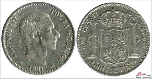 España - 1881 - Alfonso XII - Nº 00104 - MBC+ / VF+ - 50 centavos de peso 1881 Manila Ag.