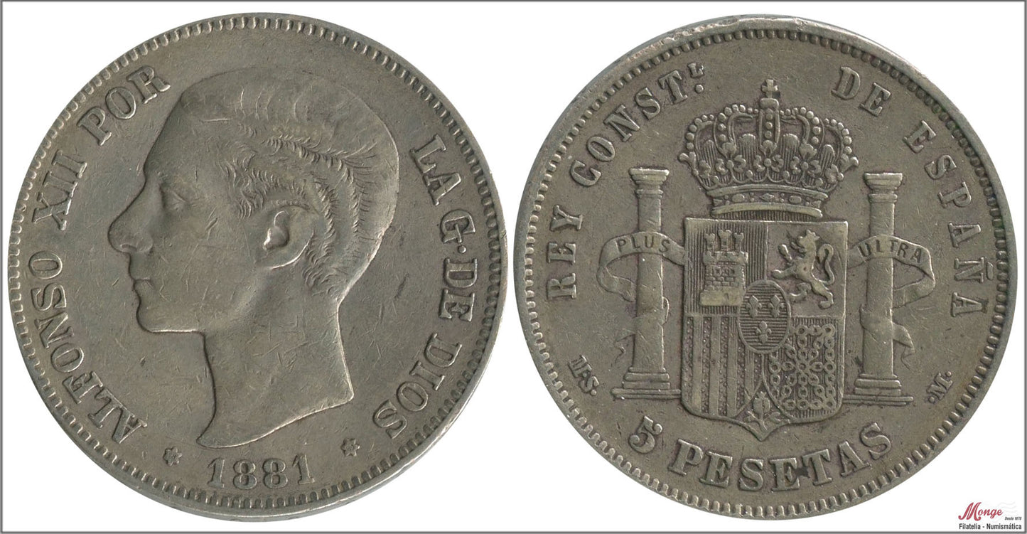 España - 1881 - Alfonso XII - Nº 00132 - MBC- / MBC - 5 pesetas 1881 (*18*81) MSM - 24,90 gr. plata