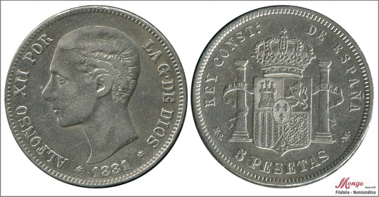 España - 1881 - Alfonso XII - Nº 00132 - MBC- / MBC - 5 pesetas 1881 (*18*81) MSM -25 gr. plata