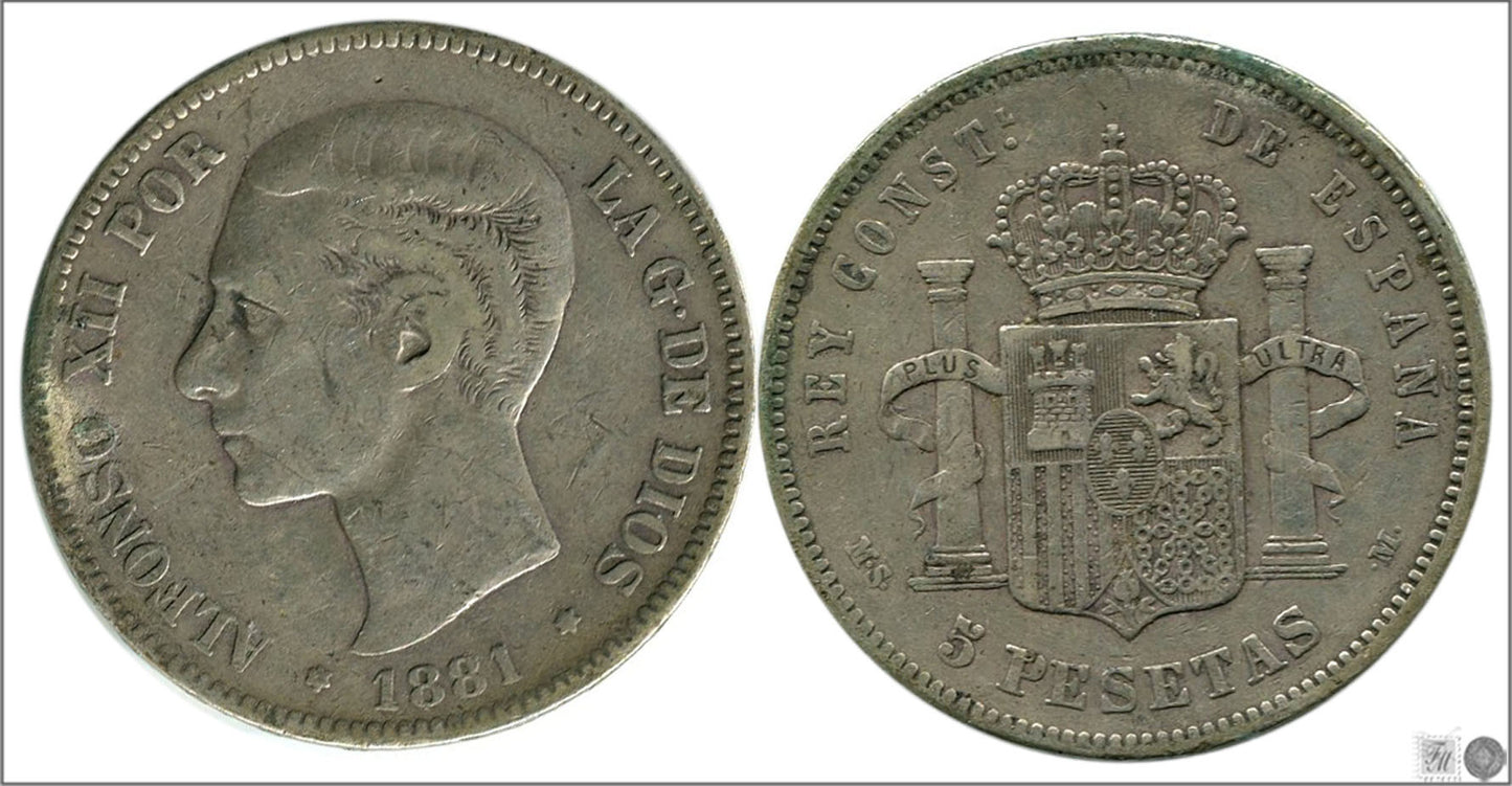 España - 1881 - Alfonso XII - Nº 00132 - RC / VG - 5 pesetas 1881 MSM - 25 gr. plata foto generica