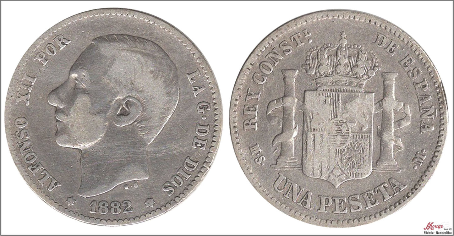 España - 1882 - Alfonso XII - Nº 00062 - BC / F - 1 peseta 1882 (*1*82) MSM Ag