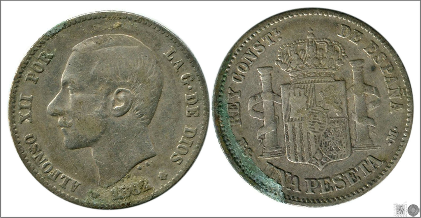 España - 1882 - Alfonso XII - Nº 00062 - BC- / F- - 1 peseta 1882 (*2) MSM Ag