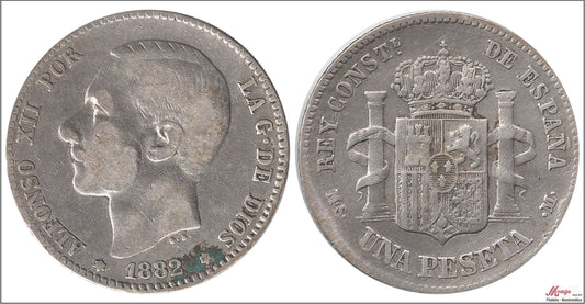 España - 1882 - Alfonso XII - Nº 00062 - BC / F - 1 peseta 1882 (*82) MSM Ag