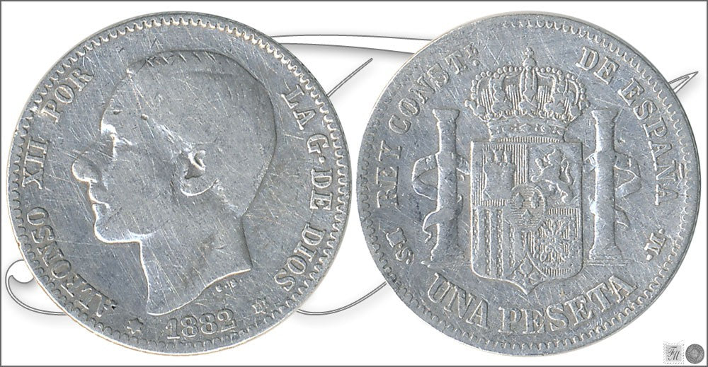 España - 1882 - Alfonso XII - Nº 00062 - Buena conservación - BC / F - 1 peseta 1882 (*82) MSM Ag