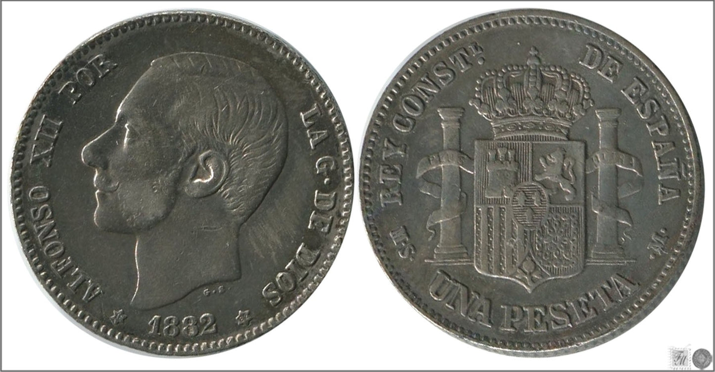 España - 1882 - Alfonso XII - Nº 00062 - Muy Buena conservación - MBC / VF - 1 peseta 1882 (*18*82) MSM Ag