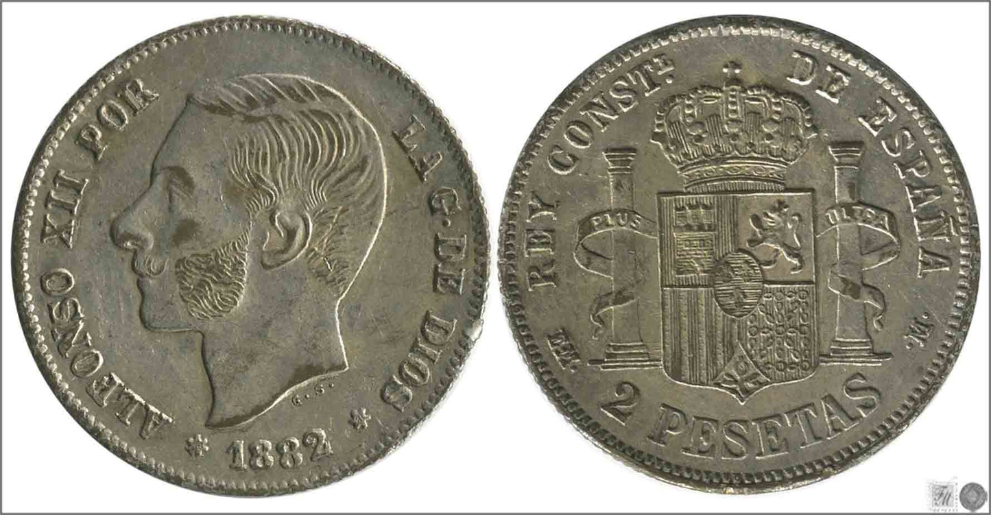 España - 1882 - Alfonso XII - Nº 00093F - Muy Buena conservación - MBC / VF - 2 pesetas 1882 (18*-81*) Falsa época no coicidente