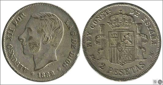 España - 1882 - Alfonso XII - Nº 00093F - Muy Buena conservación - MBC / VF - 2 pesetas 1882 (18*-81*) Falsa época no coicidente