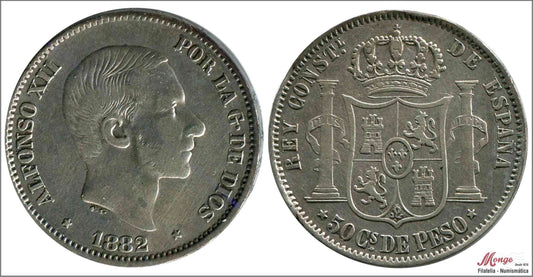 España - 1882 - Alfonso XII - Nº 00105 - MBC / MBC+ - 50 centavos de peso 1882 Manila Ag