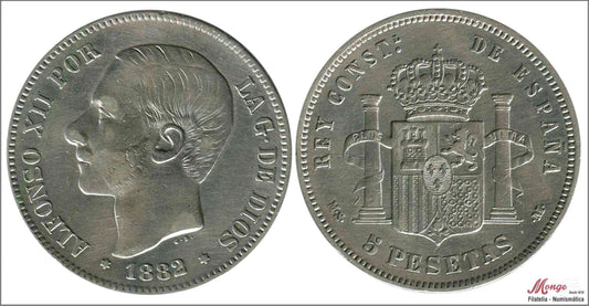 España - 1882 - Alfonso XII - Nº 00133a - MBC - / VF- - 5 pesetas 1882 Sobre 1881 (*18*81) MSM Ag.