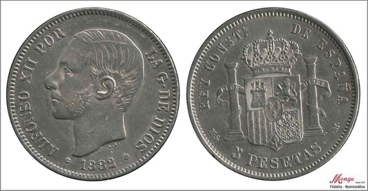 España - 1882 - Alfonso XII - Nº 00133a - MBC+ / VF+ - 5 pesetas Año 1882/1 (*18*81) MSM Ag. / Muy Bonito