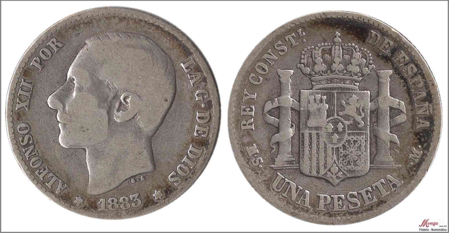 España - 1883 - Alfonso XII - Nº 00063 - BC- / F- - 1 peseta 1883 (*83) MSM Ag