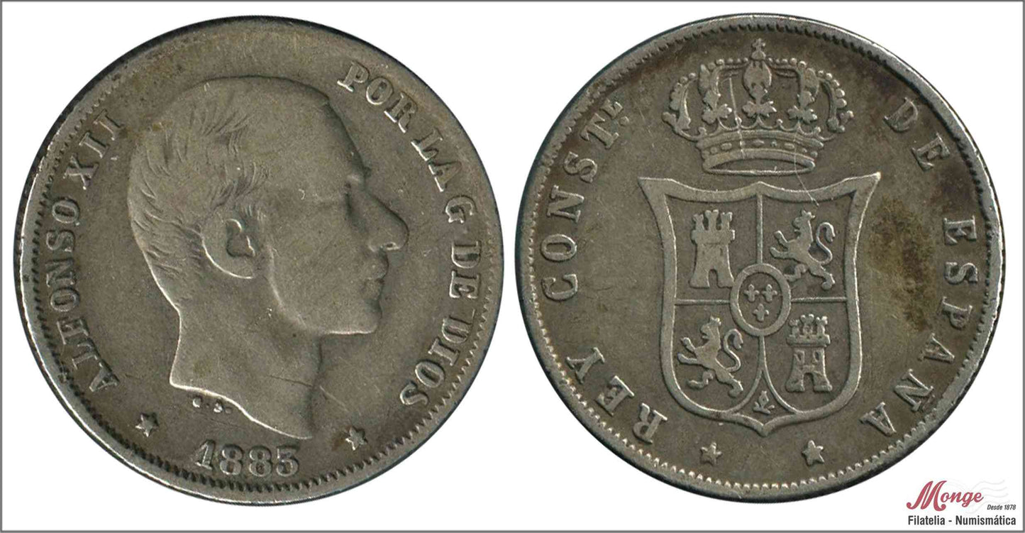 España - 1883 - Alfonso XII - Nº 00082 - BC / F - 20 centavos de peso 1883 Manila Ag. - valor borrado