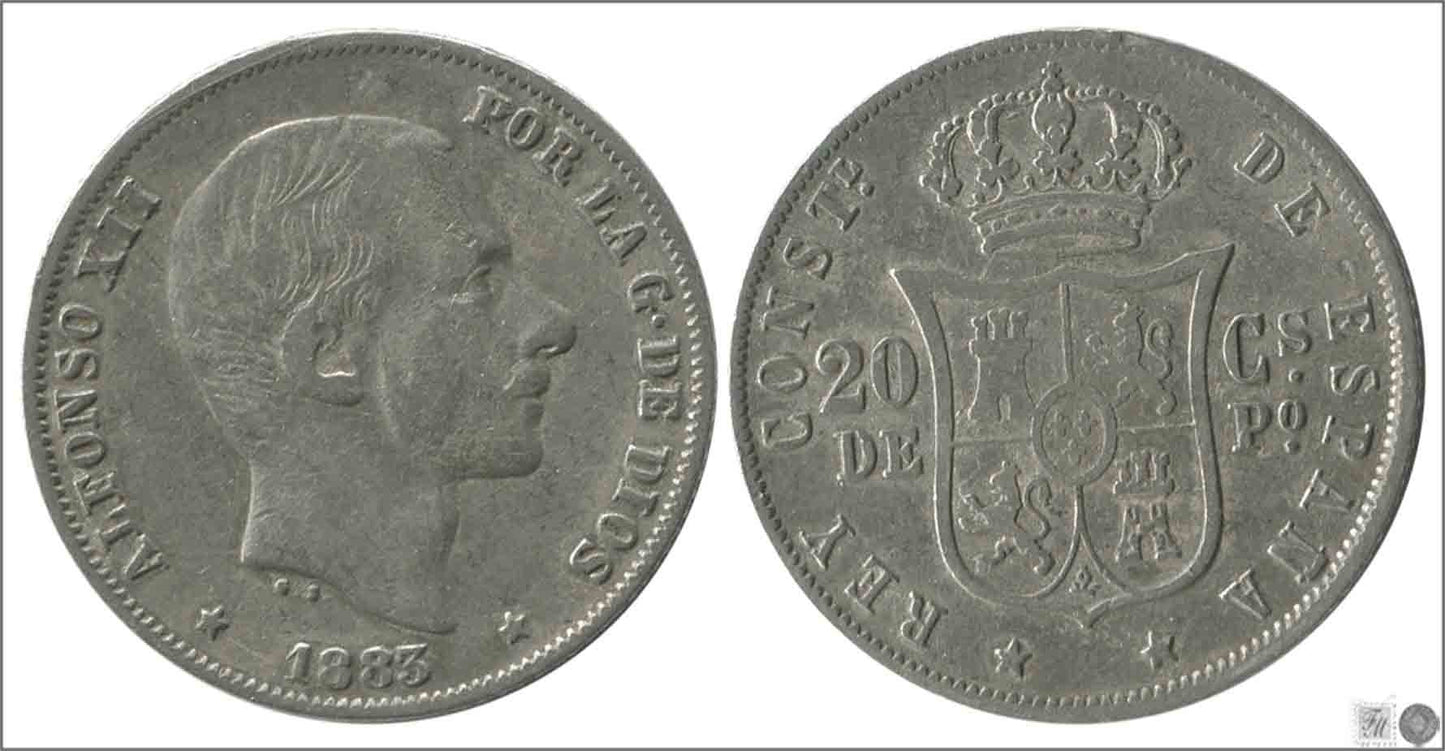 España - 1883 - Alfonso XII - Nº 00082 - BC+ / F+ - 20 centavos de peso 1883 Manila Ag.