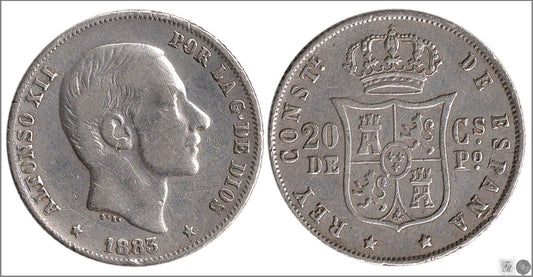 España - 1883 - Alfonso XII - Nº 00082 - Cara y Cruz - MBC / MBC+ - 20 centavos de peso 1883 Manila Ag.